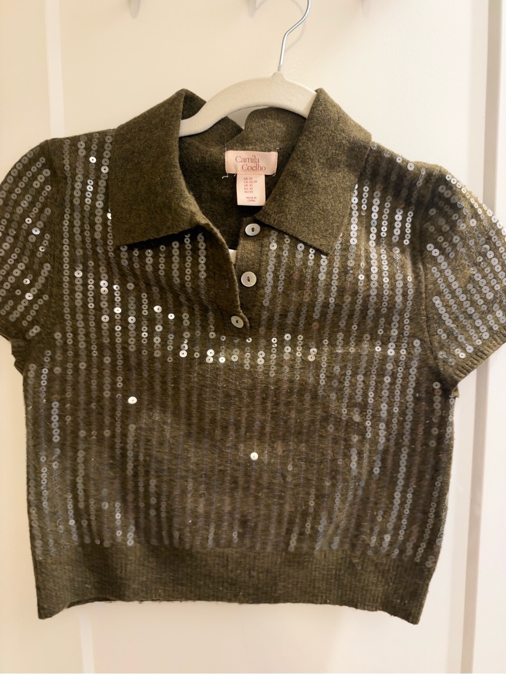 Camila Coelho Olive Green Sequin Polo Top - Girls
